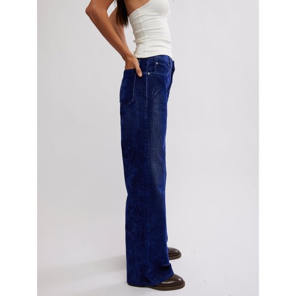FREE PEOPLE We The Free Tinsley Baggy High Rise Flocked Jeans / Twilight Blue - Picture 12 of 15